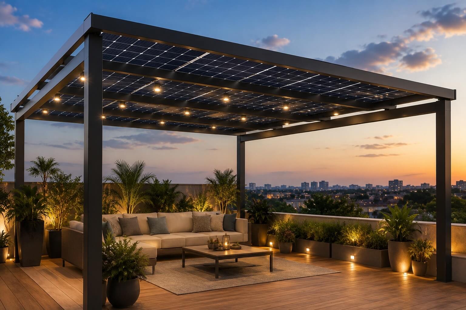 Modern solar pergola providing shade while generating clean power